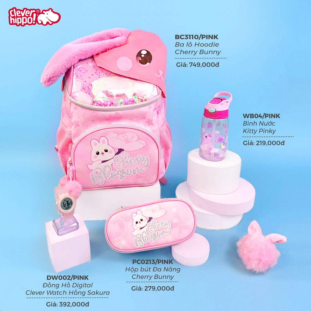 Ba Lô Đi Học, Đi Chơi Có Nón Hoodie Cherry Bunny CLEVER HIPPO BC3110