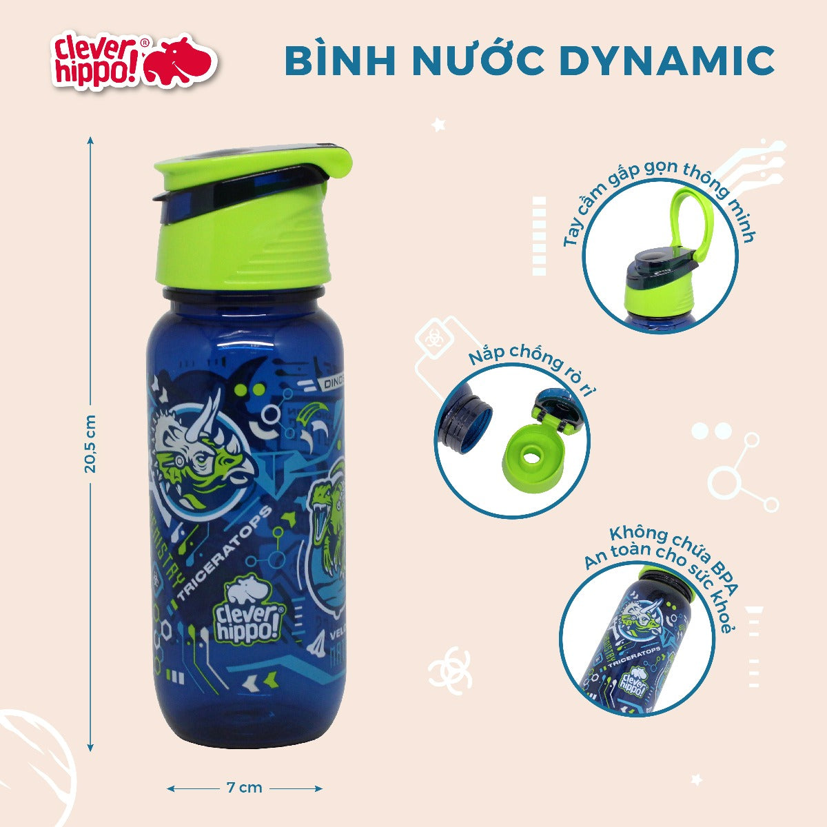 Bình nước nhựa Dino Mech Rex CLEVERHIPPO WB01