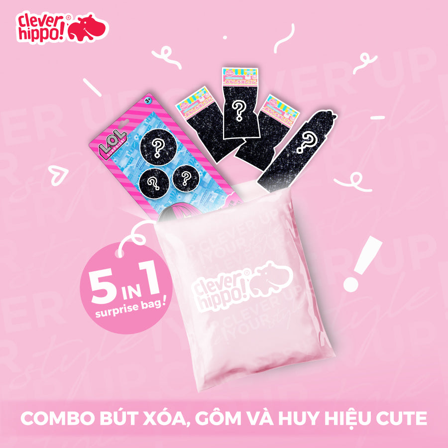 Combo Bút xóa, gôm và huy hiệu Cute CLEVERHIPPO CBTAPE01