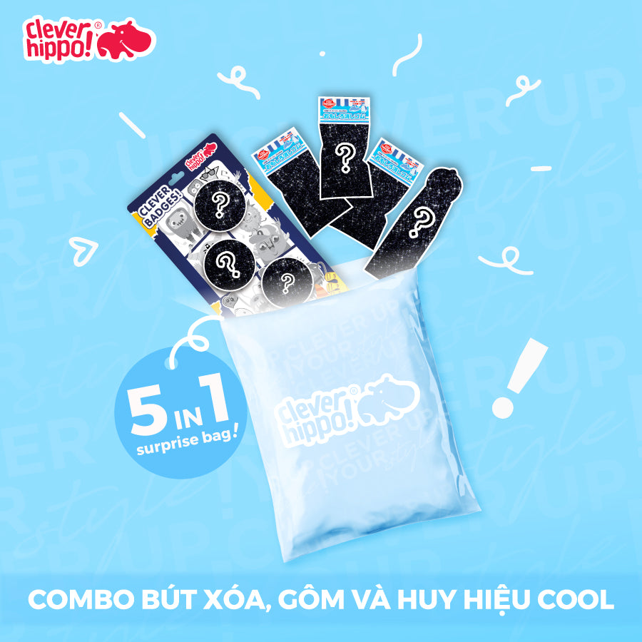 Combo Bút xóa, gôm và huy hiệu Cool CLEVERHIPPO CBTAPE02